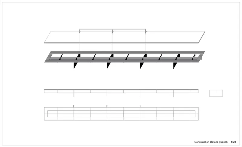Construction detail drawing showing a bench assembly with angled support brackets and layered components