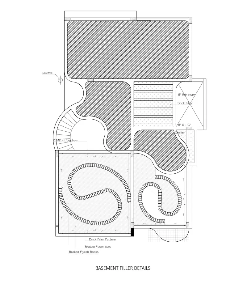 Plan detail drawing showing curved brick filler patterns and stair configuration at basement level