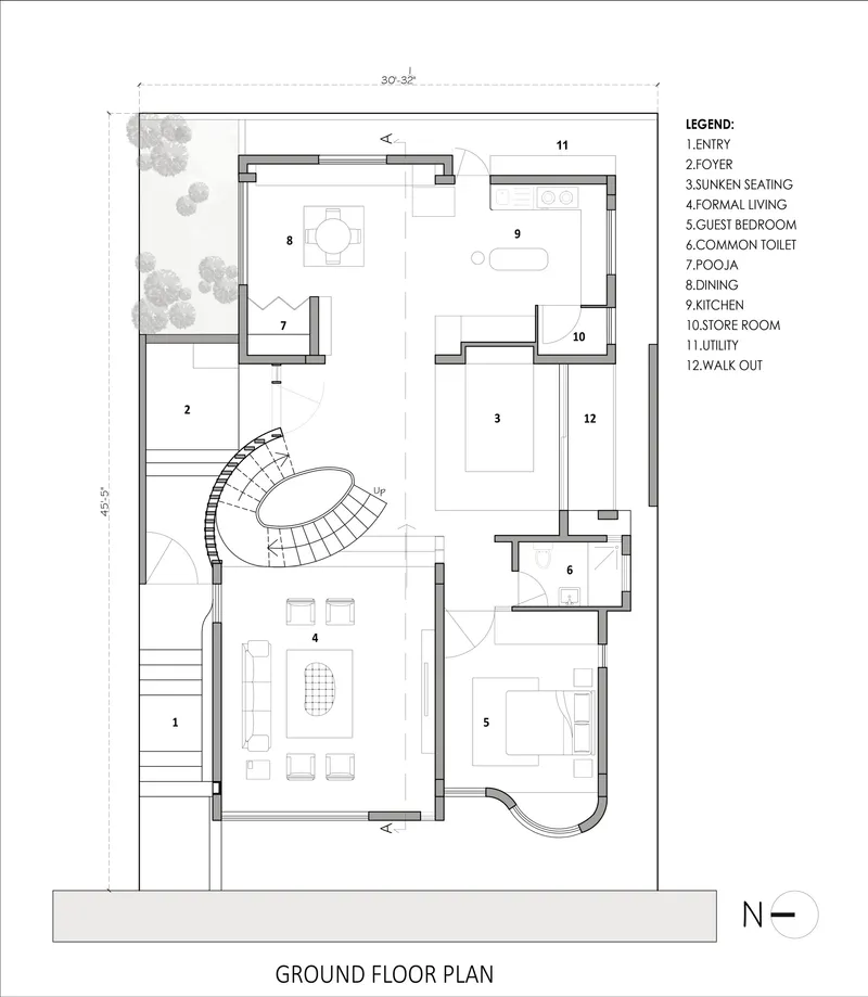 Ground floor plan drawing showing a curved central staircase connecting living spaces and bedrooms