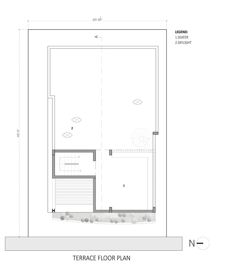 Terrace floor plan drawing showing an open seating area with skylights and terrace deck