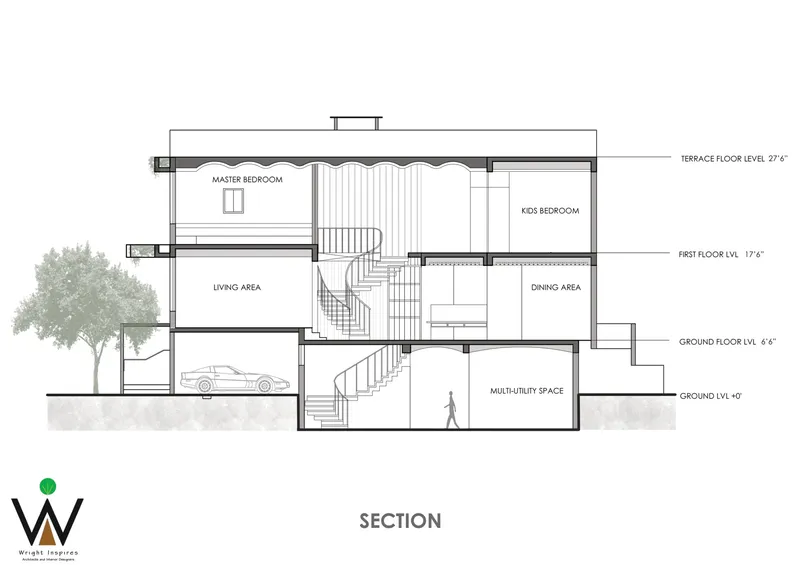 Section drawing showing three floors connected by a curved staircase with tree and car indicated