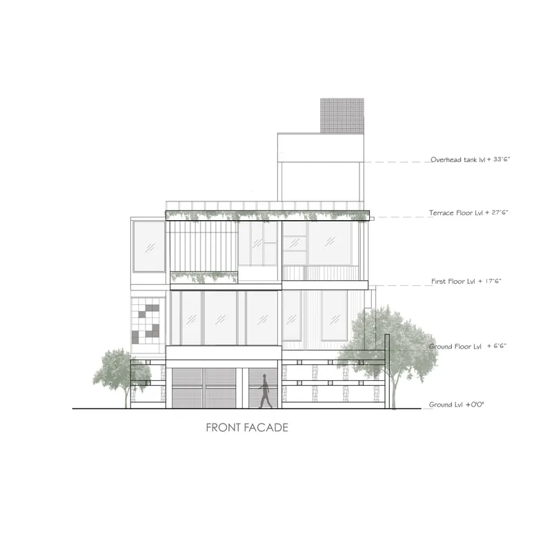 Front facade elevation drawing showing glazed levels with planted terrace and flanking trees