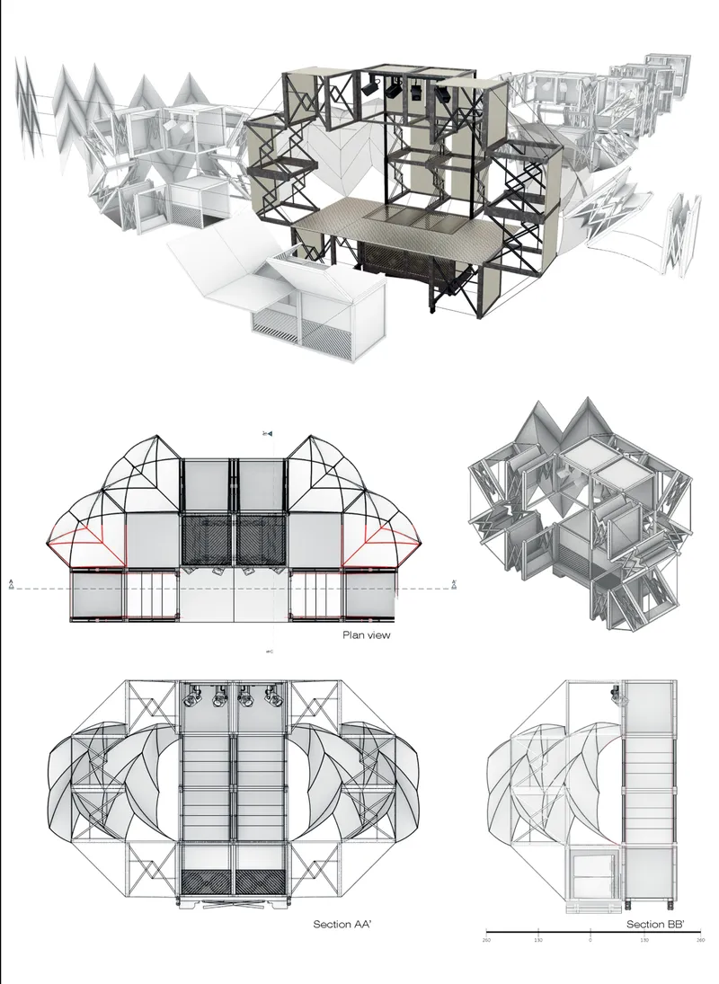 Exploded diagrams reveal the adaptive modular system behind this mobile performance architecture proposal.