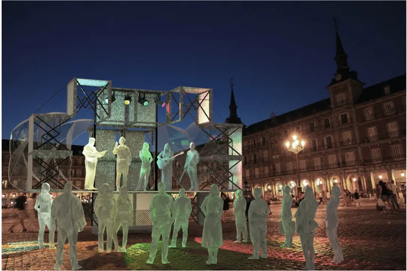 Nighttime activation turns The Interfusion into an illuminated urban landmark for public art and live performances.