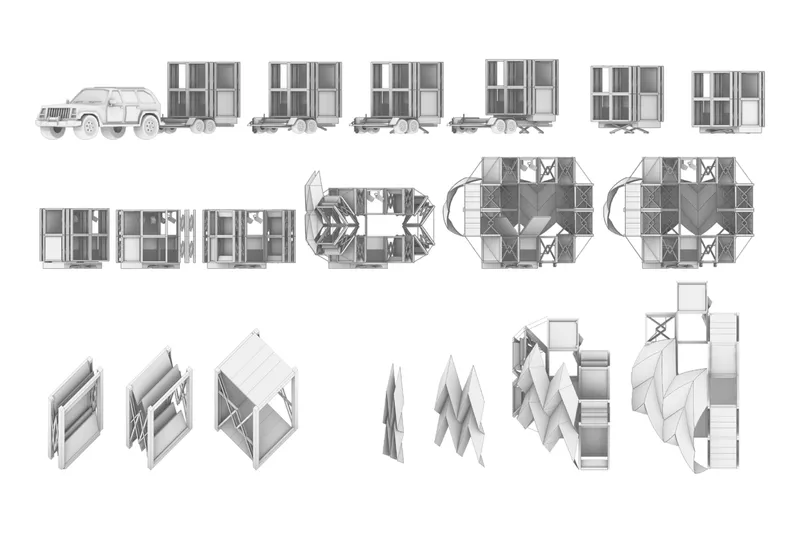The folding mobile structure demonstrates how temporary architecture can adapt to different urban environments.