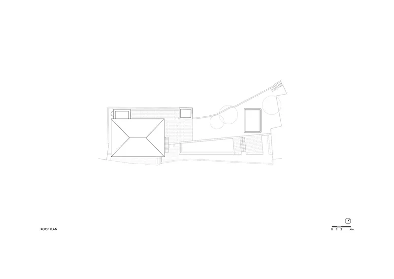 Roof plan drawing showing pyramidal roof and flat roof areas with adjoining volumes