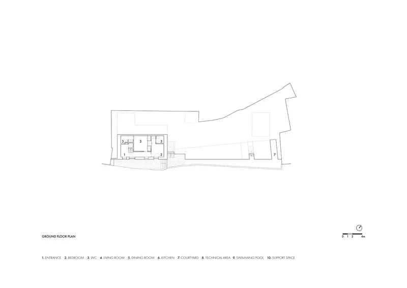 Ground floor plan drawing showing entrance, bedroom, water closet, living room, dining room, kitchen, courtyard and pool