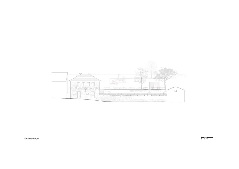 East elevation drawing showing a two-storey house with adjacent volumes and trees in line art