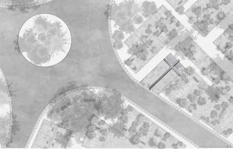 Site plan drawing showing circular and curved planted areas with tree canopies among rectilinear building footprints
