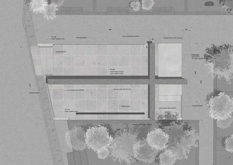 Roof plan drawing with material annotations revealing two rectangular volumes and a courtyard with trees