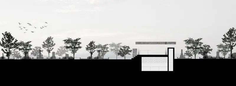 Section drawing showing a partially buried volume beneath a tree line with birds in flight overhead