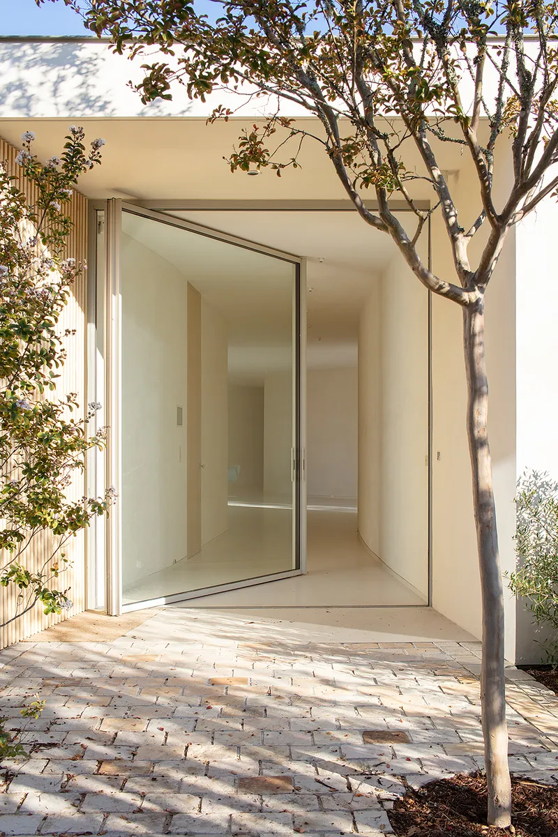 Pivot glass door framed by tree trunk and dappled shadows on brick pavers