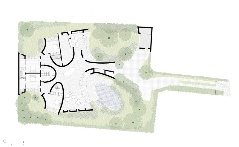 Site plan drawing showing curved building wings around a pool and landscape