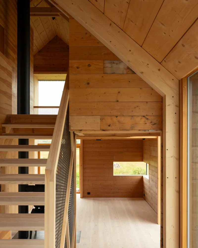 Wood-clad interior showing open stair with metal mesh balustrade beneath a pitched roof with skylights