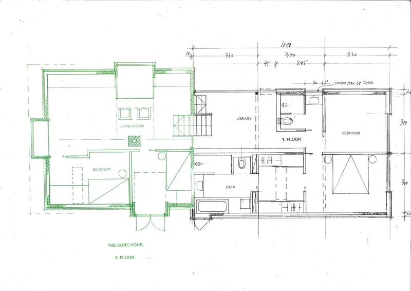 Second floor plan drawing showing bedrooms, library, bath and central staircase with annotated dimensions