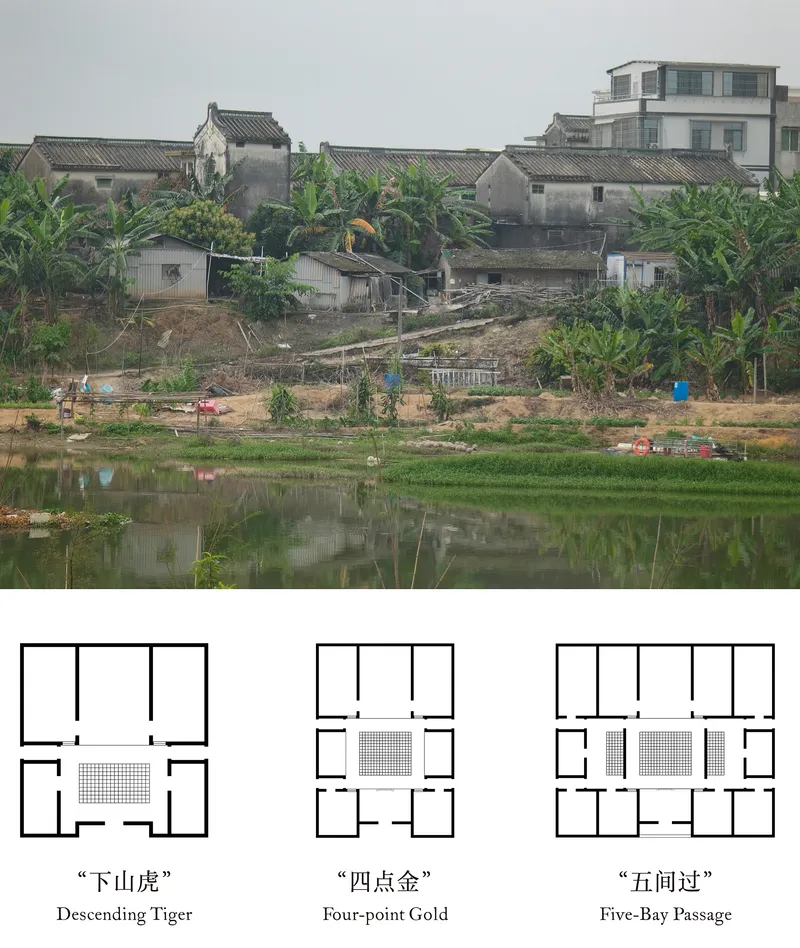 View across a pond toward clustered village houses and a newer multistory building under overcast skies
