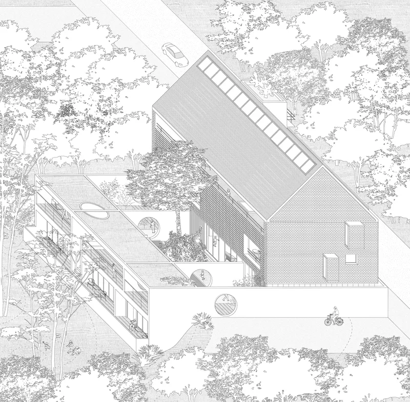 Axonometric drawing of a house with courtyards and terraces surrounded by rendered tree canopies