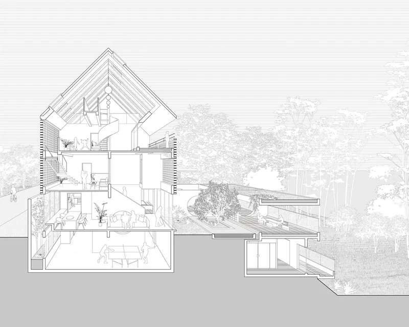 Section drawing revealing a multi-story residence with exposed roof framing and surrounding landscape vegetation