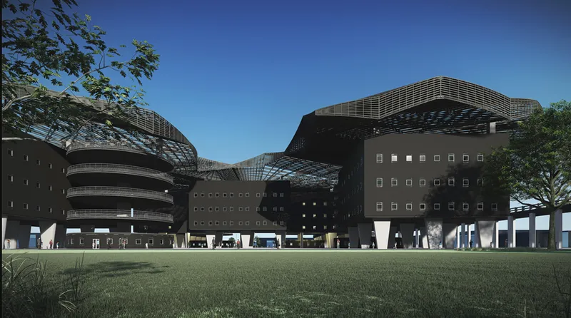 Elevated academic blocks connected through open green landscape
