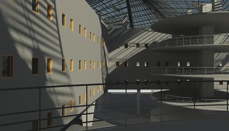 Interior atrium with layered circulation and filtered daylight