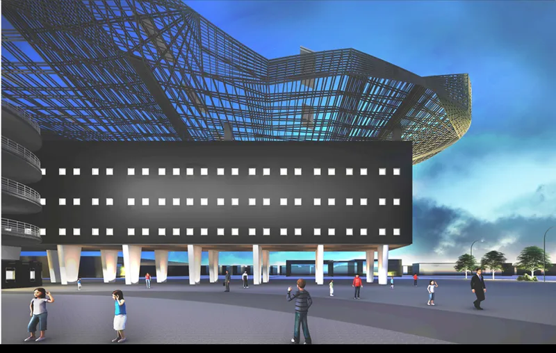 Public plaza beneath raised volumes activating community interaction