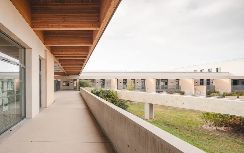 Exterior corridor with timber soffit and concrete parapet overlooking a planted courtyard