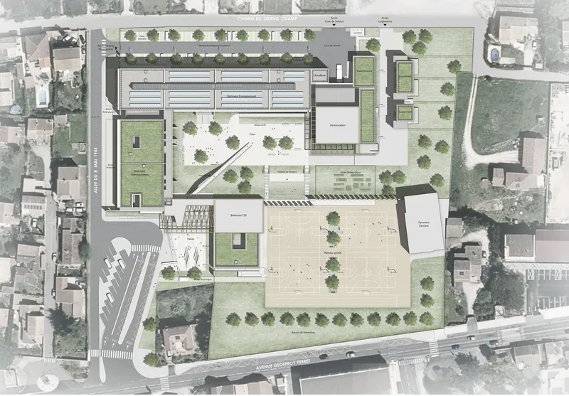 Site plan drawing showing the building footprint with courtyards, green spaces and surrounding aerial photograph context
