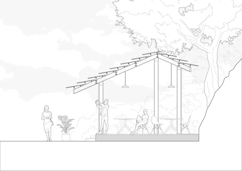 Section drawing of covered outdoor space with exposed rafters and hanging pendant lights beneath trees