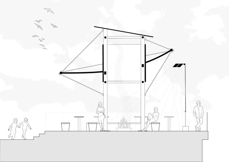 Section drawing showing a double-height space with tensile roof structure and figures gathered around a fire
