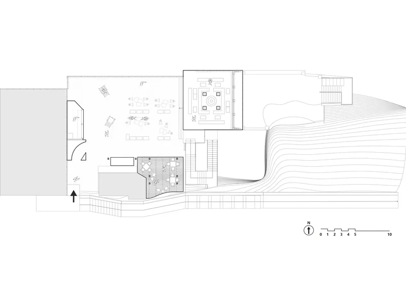 Site plan drawing showing interior spaces and stepped terraced landscape with contour lines