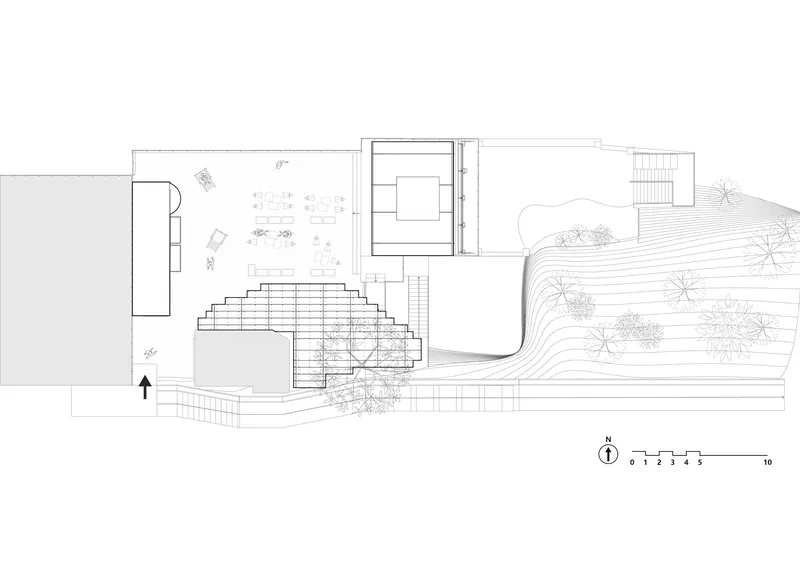 Site plan drawing showing stepped platform with trees and contoured topography