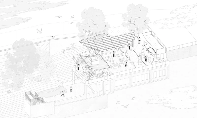 Axonometric drawing of rooftop terrace with slatted canopy and figures among landscaped areas
