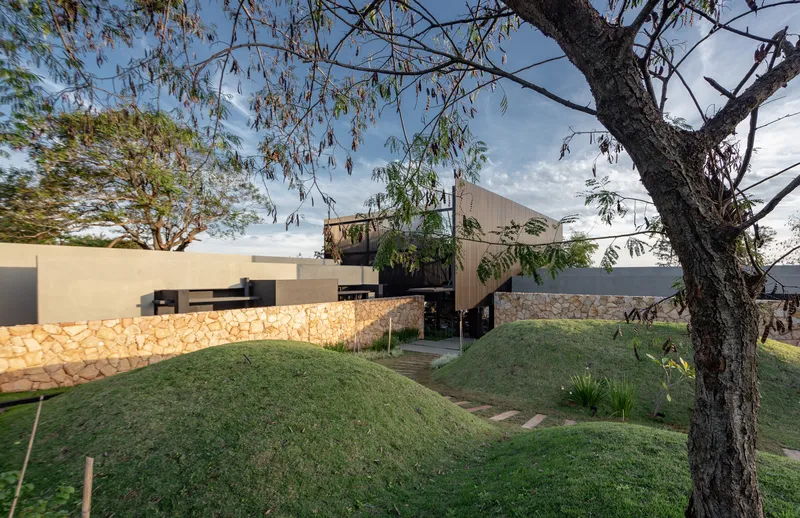 Grassed earthwork mound with stone retaining wall and timber volumes framed by mature trees