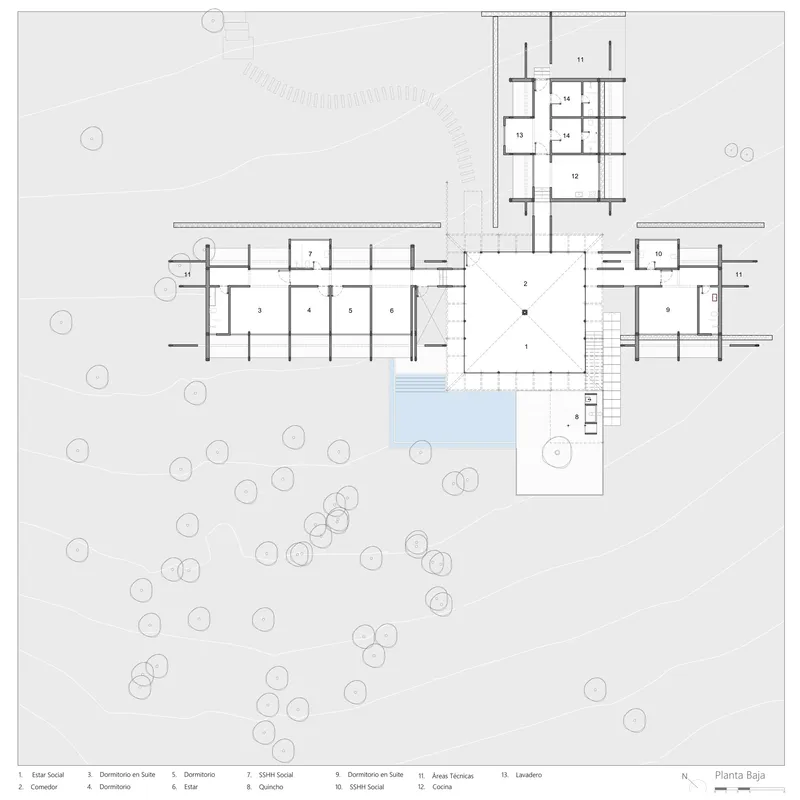 Ground floor plan showing linear wings radiating from central glazed pavilion with pool and scattered trees