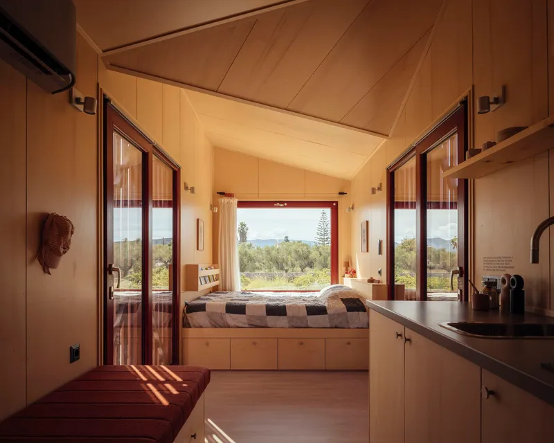 Interior view through plywood-lined space with glazed doors opening to a bed nook and landscape beyond