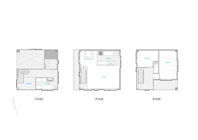 Floor plan drawings showing the three-level layout with garage, stairwell, living spaces, kitchen, and bedrooms