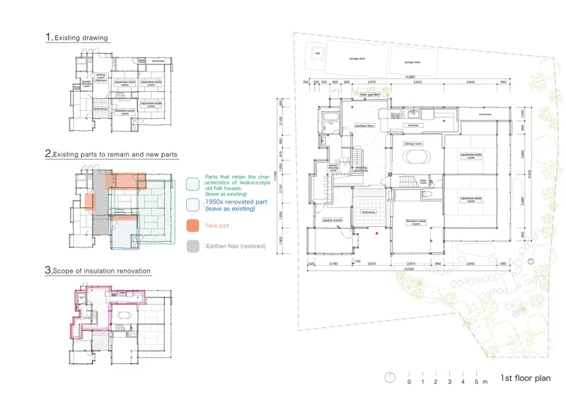 Floor plan drawing showing existing layout with renovation scope and room arrangements annotated in color