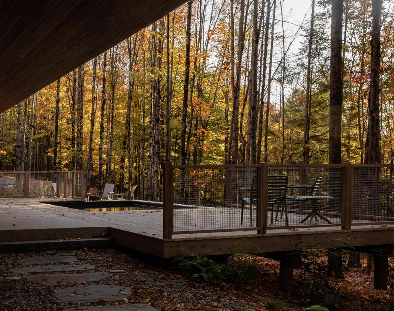 Covered deck with mesh railing extending into an autumn forest clearing