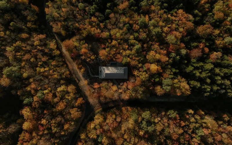 Drone view of a compact building surrounded by dense autumn canopy and dirt access road