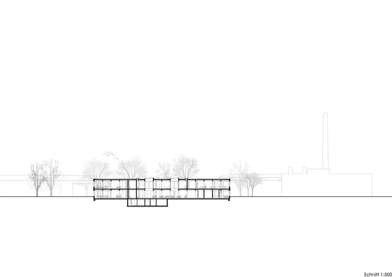 Section drawing showing the two-storey structure with a chimney stack and adjacent trees in winter