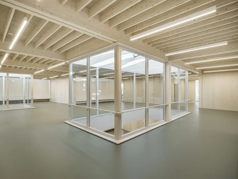 Interior view of glass-walled enclosure beneath exposed timber joists with integrated linear lighting