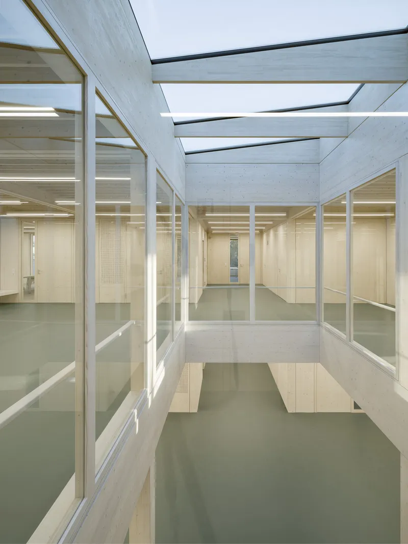 Glazed circulation corridor with skylights connecting plywood-lined rooms under an overcast sky