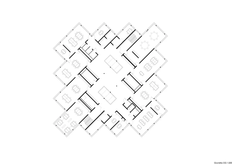 Floor plan drawing showing four residential wings radiating from a central atrium with dining tables