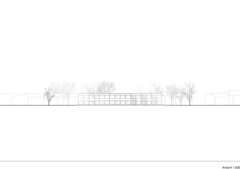Elevation drawing showing the low horizontal facade flanked by bare deciduous trees