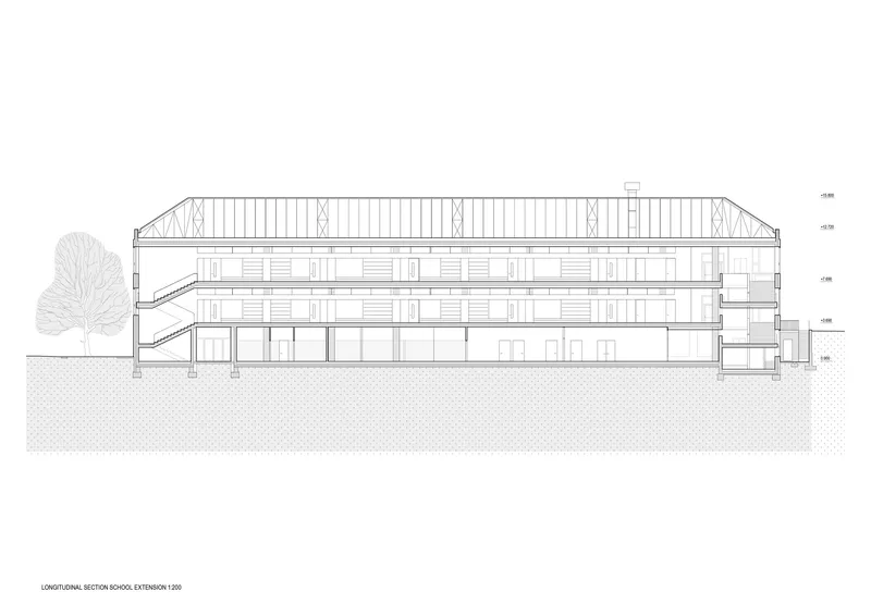 Longitudinal section drawing showing a multi-story structure with exposed trusses and a tree to the left