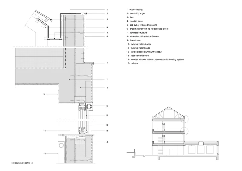 Facade detail drawing illustrating wall assembly layers with insulation, plaster, and window components