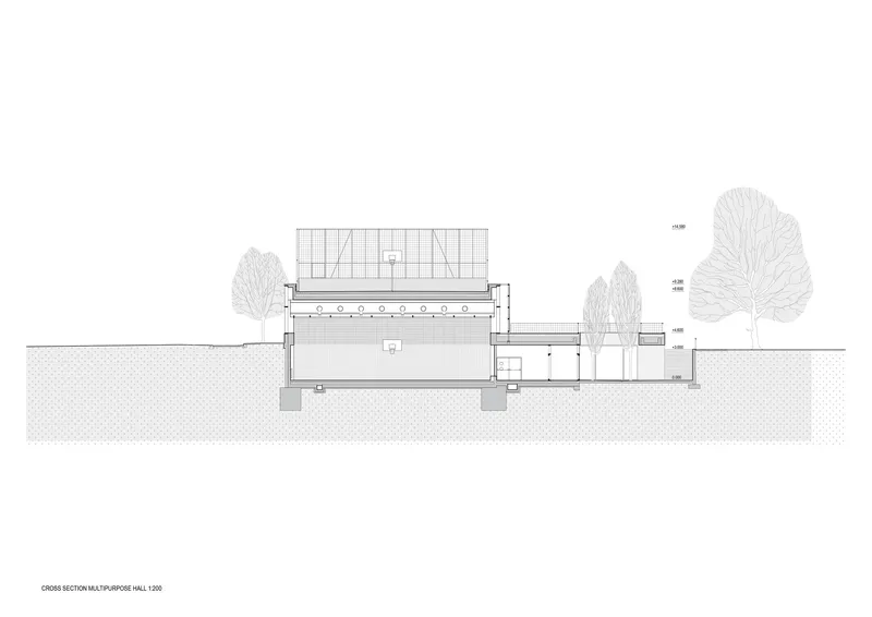 Cross section drawing through the multipurpose hall with perforated upper facade and flanking trees