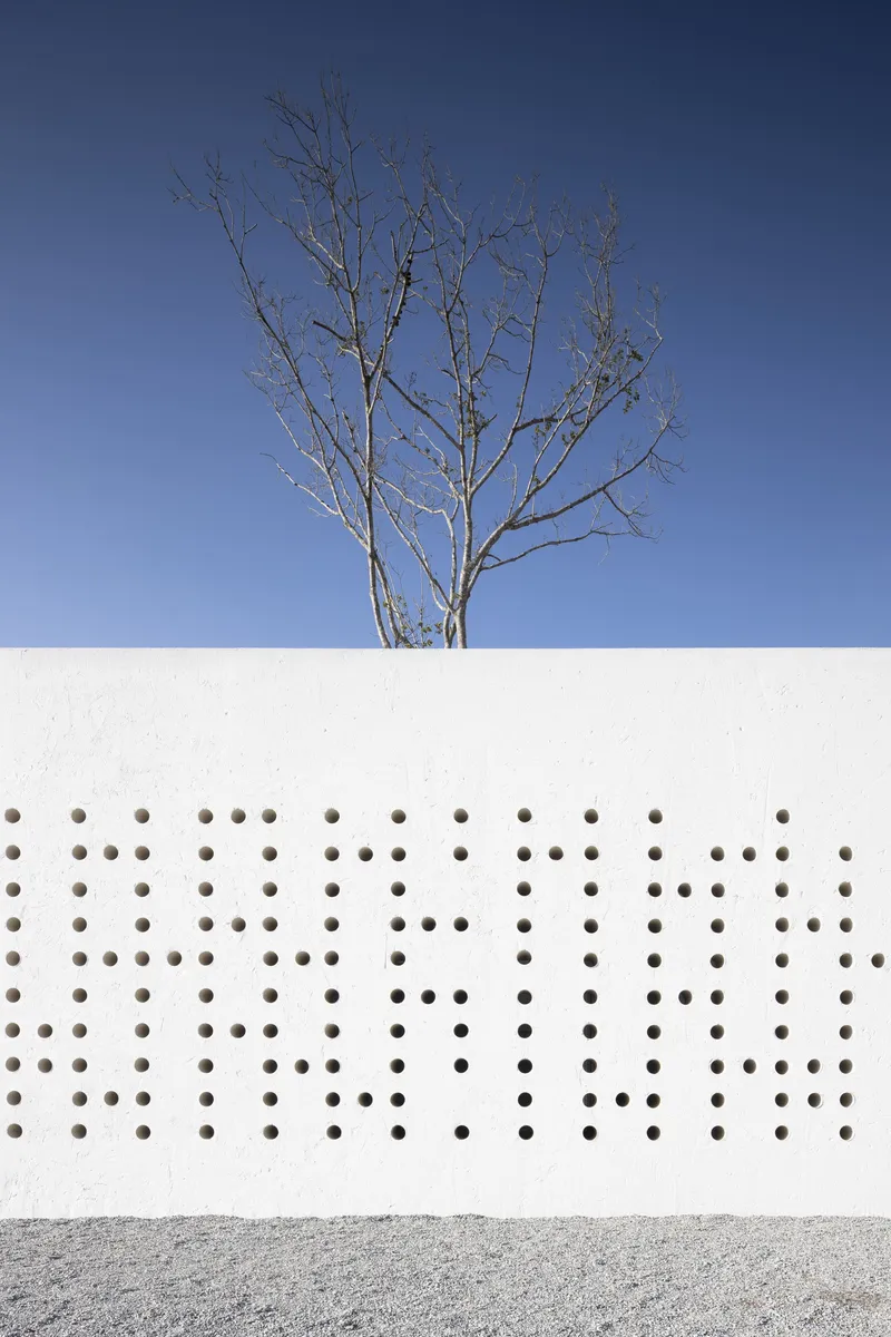 White perforated wall with circular openings and a bare tree emerging from behind under a clear blue sky