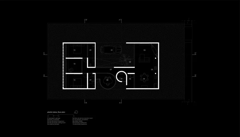 Floor plan drawing showing interior rooms arranged around a central circular courtyard with tree