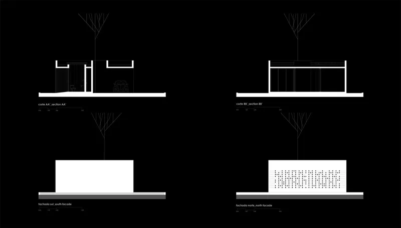 Four elevation and facade studies depicting various wall treatments and glazing patterns with single trees